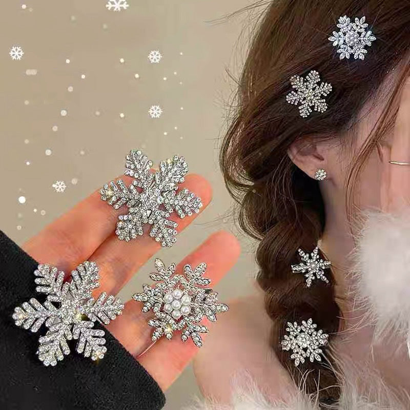 Cyrstal Snowflake Pearl Hair Clip | Winter Girls Small Sweet Bobby Pins