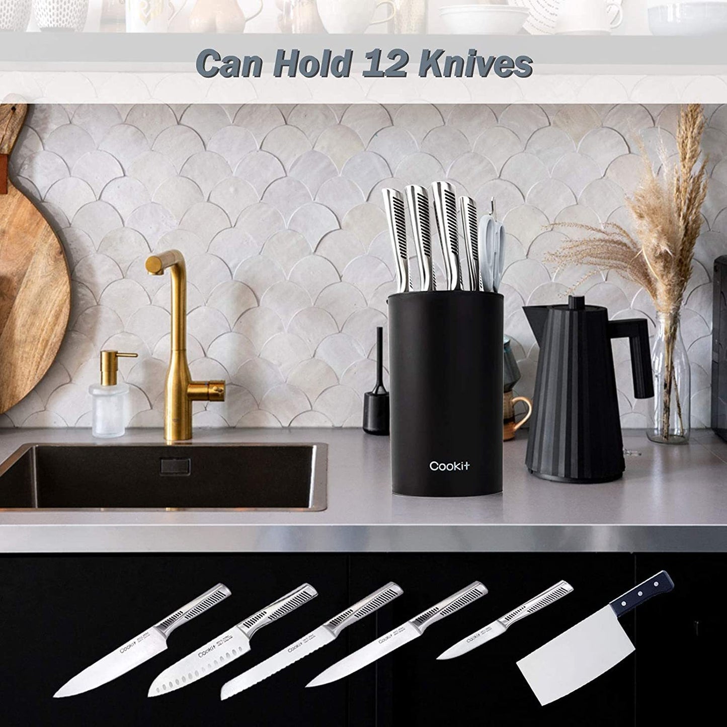 Knife Block Holder | Round Black Knife Holder for Kitchen, Space Saver Knife Storage with Scissors Slot